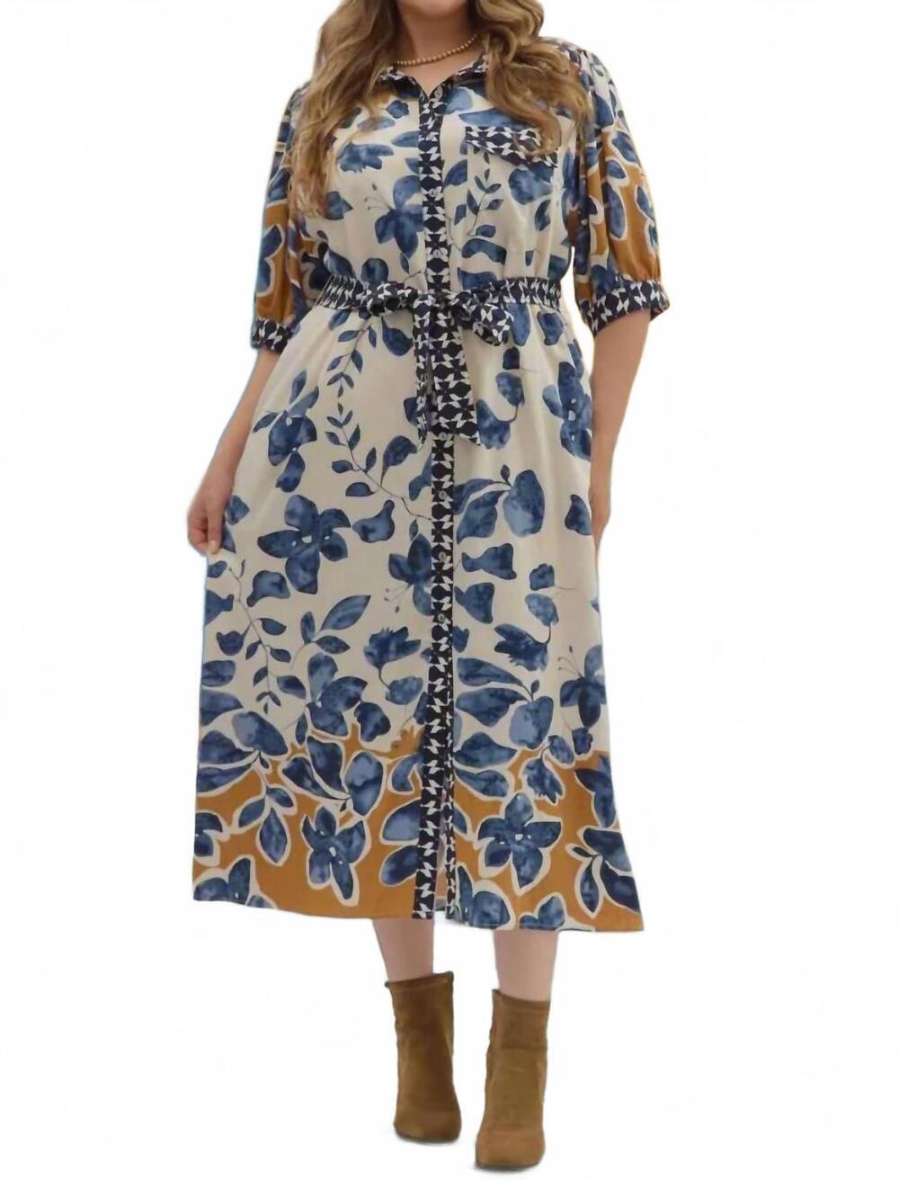 NEW ENTRO botanical midi shirt dress with tie waist - plus in slate blue